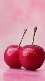 Close-up of two wet cherries on soft pink background.
