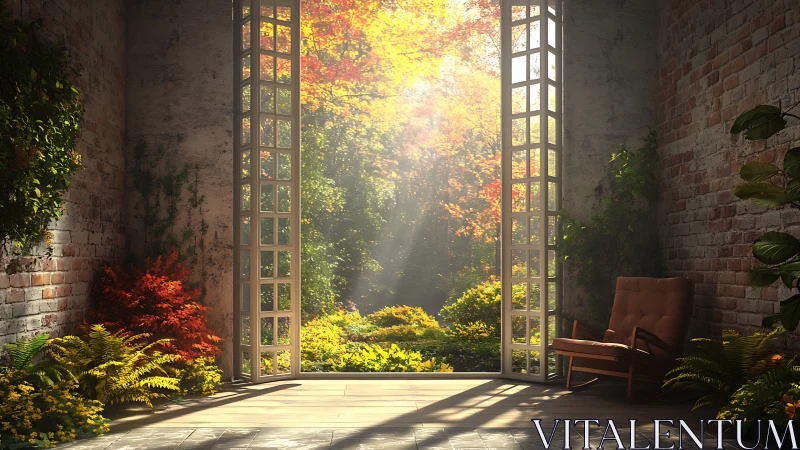 Open brick interior with chair facing sunlit autumn garden.