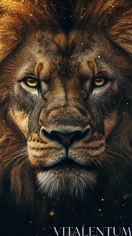 Ember eyed lion monarch staring through golden dusk.