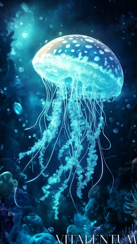Luminous jellyfish drifts gently through a glowing blue sea