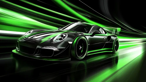 Black and green sports car rendered with dynamic motion trails