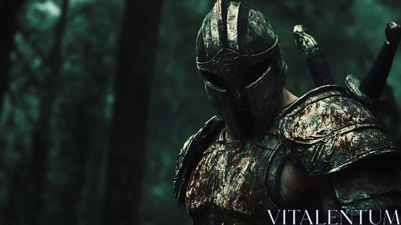 Armored warrior in bloodstained plate harness dominates forest frame