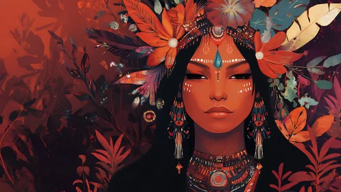 Regal woman with floral headdress dominates warm botanicals