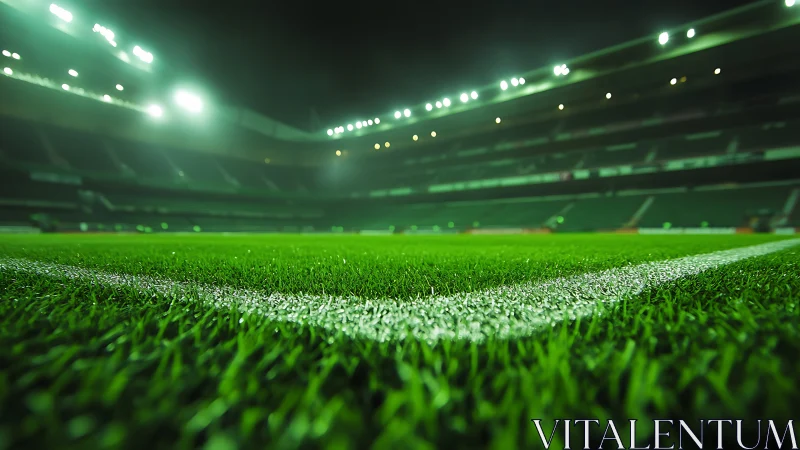 Football stadium corner line under floodlit night conditions.