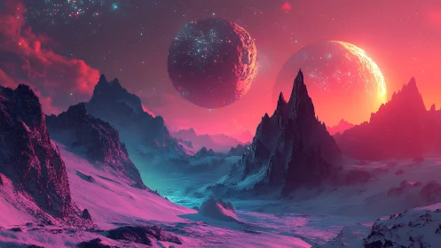 Starlit twin moons over glowing alien ice peaks at dusk.
