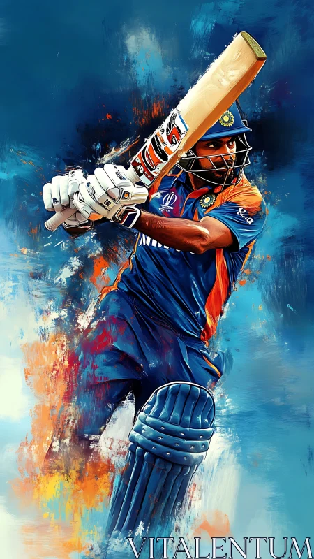 Cricket batter in dynamic blue and orange digital artwork.
