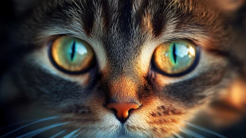 Close-up Cat Eyes with Golden Amber and Turquoise Iris Detail.