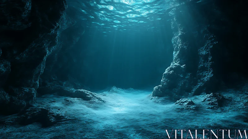 Submerged rock cavern with volumetric blue light rays.
