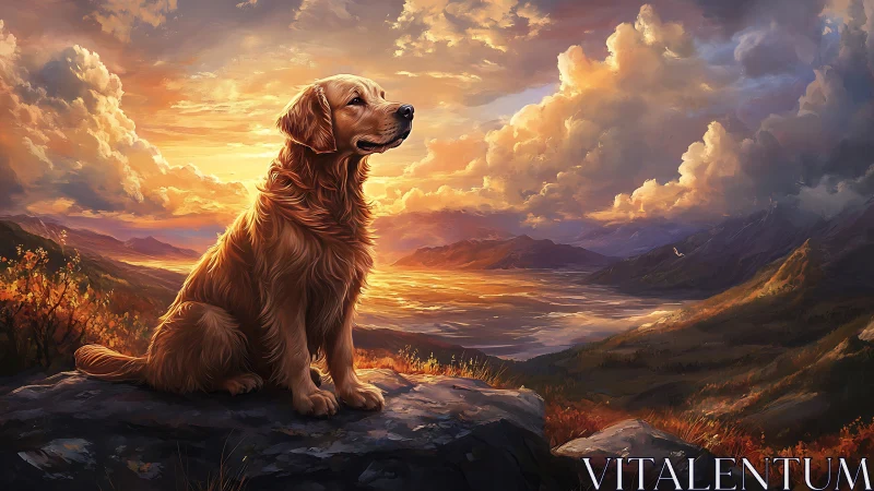 Golden retriever quietly enjoys a glowing mountain sunset