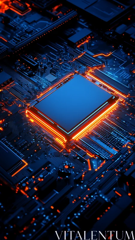 Glowing central processor unit illuminates futuristic circuit board
