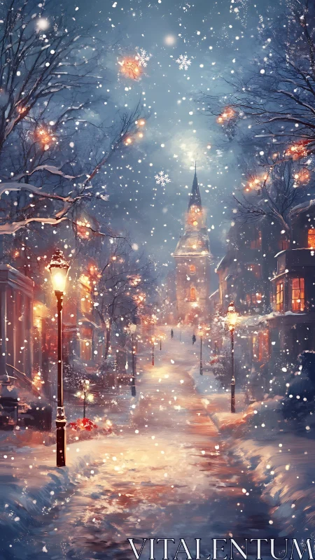 Snowlit winter street glows under soft lantern light.