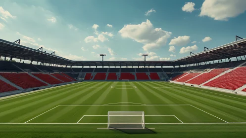 Modern empty soccer stadium with red seats and green field.