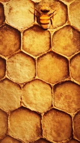 Honeybee resting on warm golden honeycomb cells in closeup