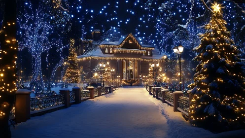 Sparkling winter walkway welcomes a warmly lit festive home