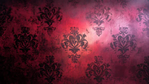 Baroque damask silhouettes drift across burning crimson haze.