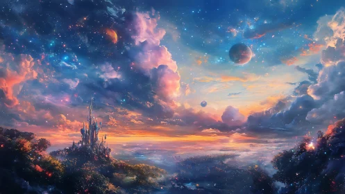 Celestial kingdom rises beneath radiant nebula skies