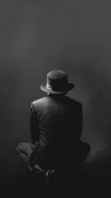 Man in suit and hat sits facing dark empty background