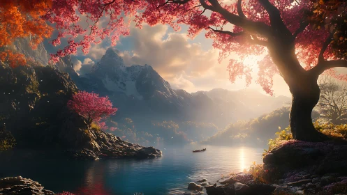 Sunlit alpine lake with pink blossom trees and distant rowboat