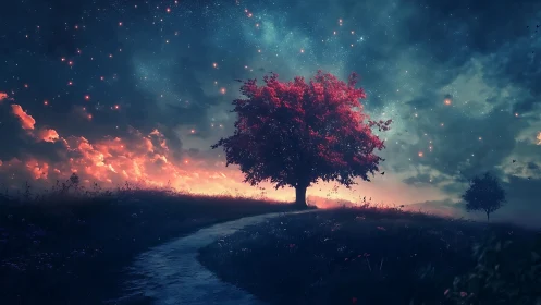 Starlit red tree guiding a quiet path through dreamlike dusk.