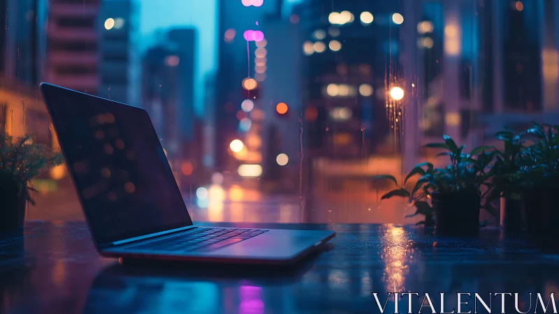 Rainlit laptop waits by neon city window, quietly humming.