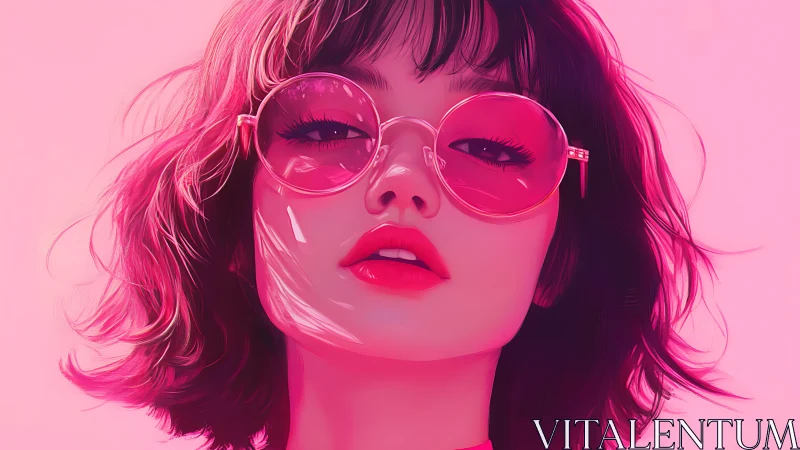 Neon pink digital portrait of woman in oversized round glasses