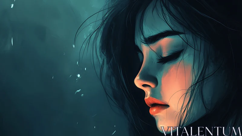 Melancholic profile portrait glows in teal and ember light.