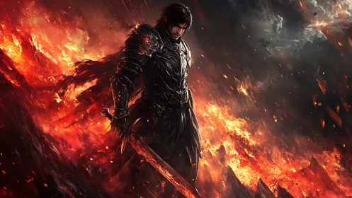 Dark armored warrior over fiery battlefield abyss.