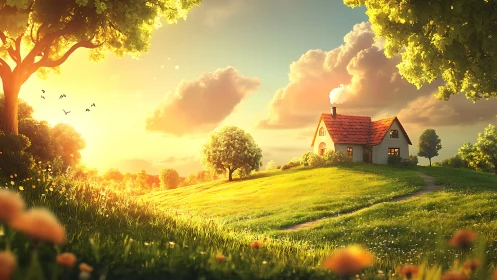 Sun-drenched cottage dreams on a golden hillside meadow.