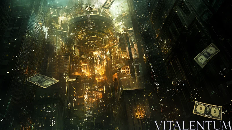 Golden cyber metropolis swirls around floating dollar bills.