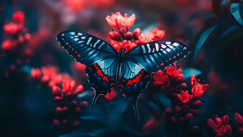 Midnight garden butterfly resting among glowing blooms.