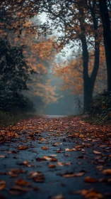 Autumn Forest Path Through Mist and Golden Foliage.