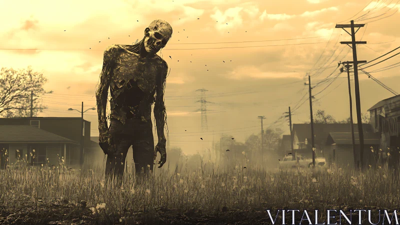 Decaying zombie figure advances through desaturated suburban street