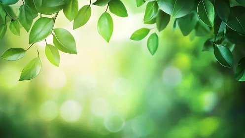 Green leaves canopy over soft bokeh forest background.