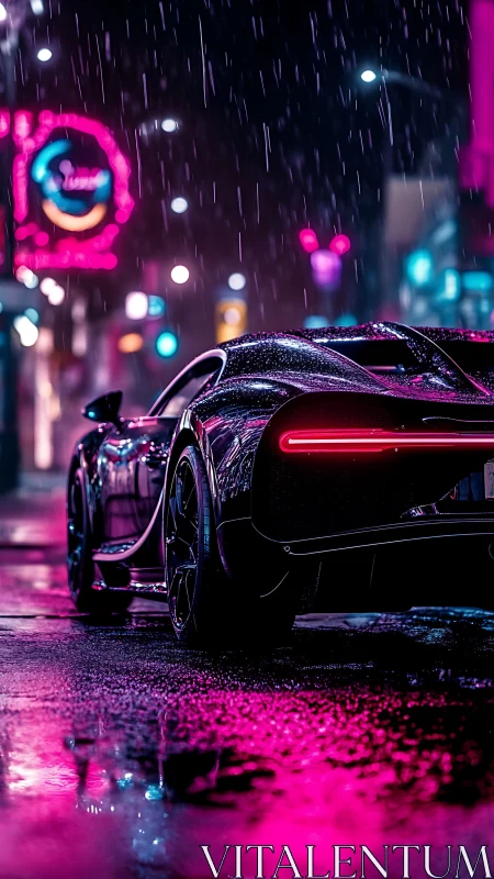 Sleek sports car under neon city rain at night.
