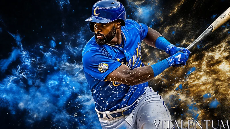 Baseball batter swings in blue uniform with dynamic energy