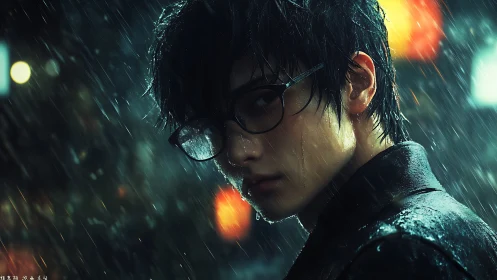 Rain-soaked stranger turns in neon light with quiet resolve