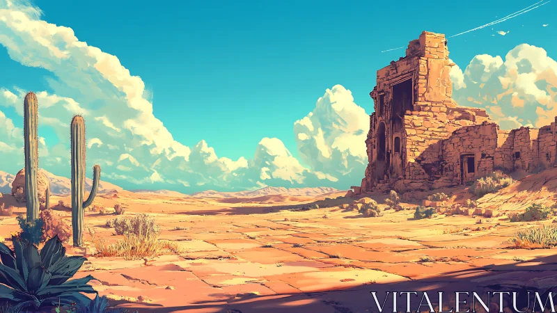 Sunlit desert ruins whisper beneath a sweeping cobalt sky.