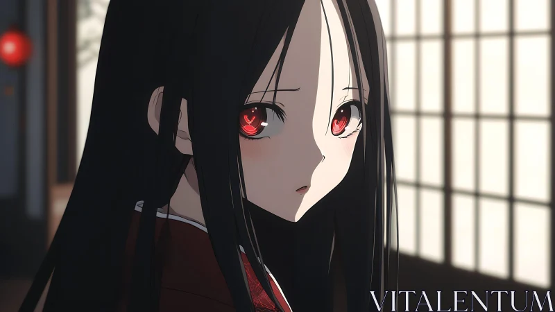 Red-eyed girl in shoji-lit hallway with dramatic sidelight.