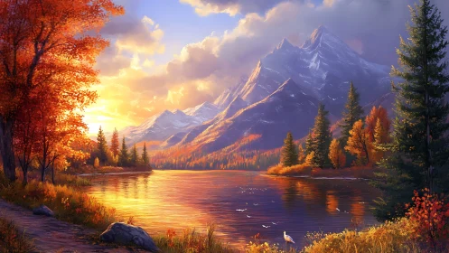 Golden autumn lake cradled beneath towering violet peaks.