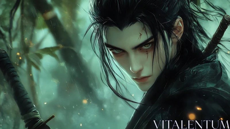 Storm-eyed forest swordsman poised between fury and calm.