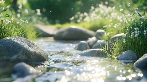 Sunlit stream with rocks, grass, and white wildflowers.