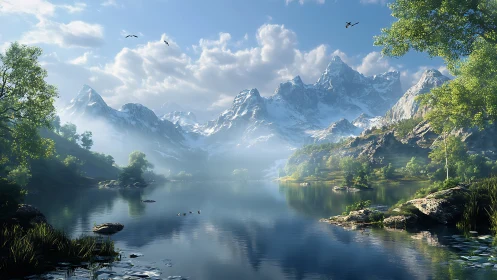 Snow covered mountain lake with trees under clear sky.