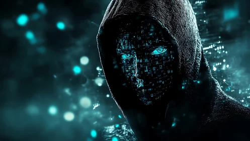 Hooded digital figure with glowing blue circuitry face