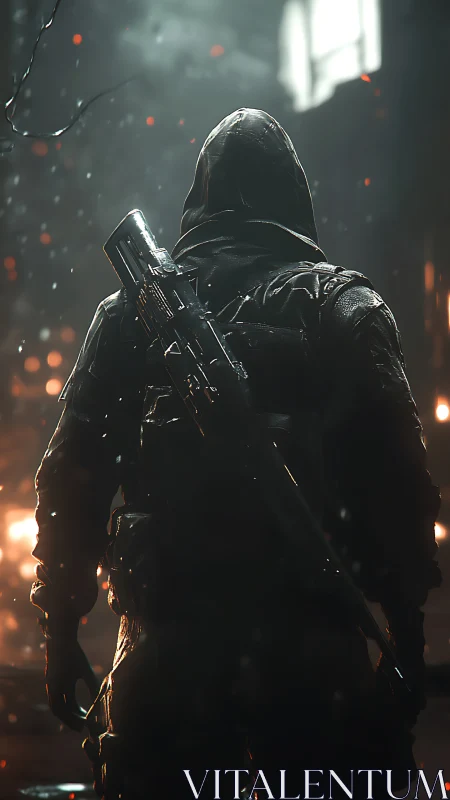 Hooded dusk ranger stalking through emberlit ruins.