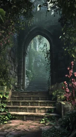 Overgrown stone archway framing luminous forest stairway.