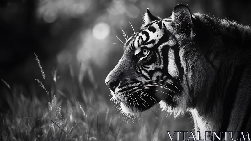 Solitary tiger gazes into soft light in monochrome silence