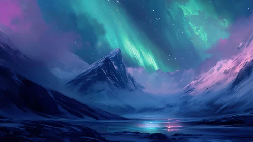 Shimmering aurora crowns icy peaks over a tranquil polar bay