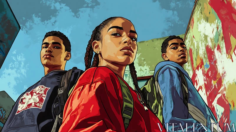 Three Young People Posing Together Against Colorful Urban Wall.