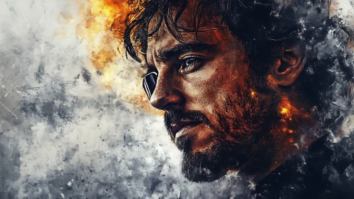 Cinematic male portrait in fiery grayscale digital dispersion.