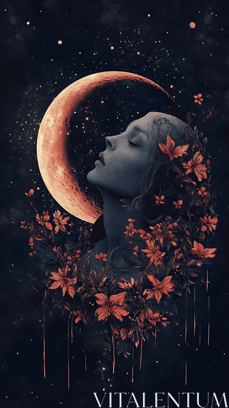 Moonlit dreamer crowned with drifting night blossoms.